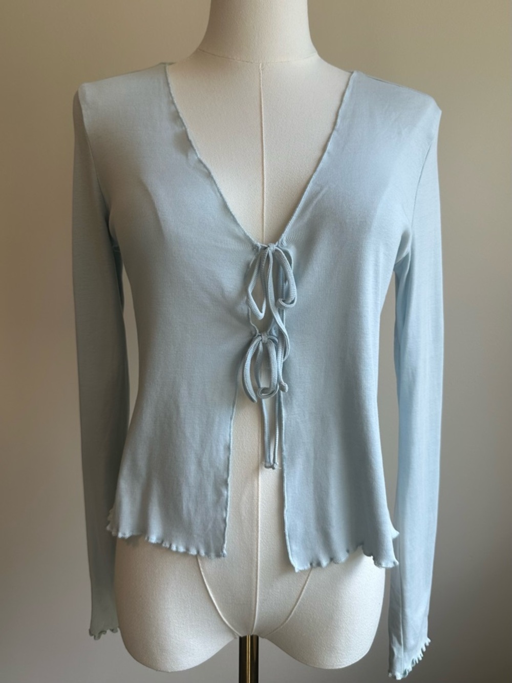 H&M Light Blue Long Sleeve Tie-Front Ruffle Edge Top 100% Cotton | SIZE S
